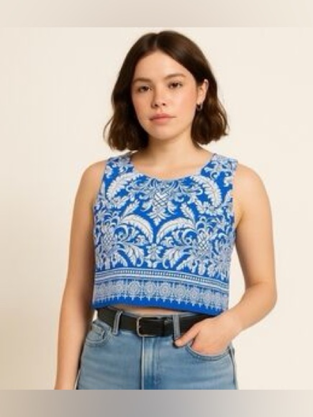 Rachel Zoe Blue & White Pineapple Print Sleeveless Blouse Top